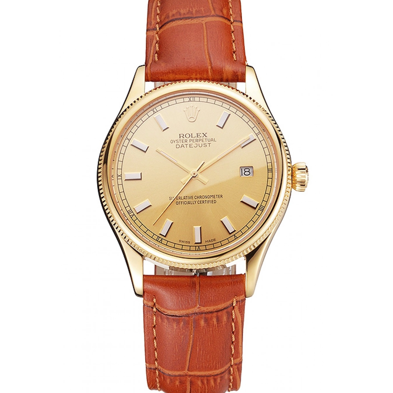 Light Rolex Leather Case Brown Dial Gold Strap Gold Datejust Swiss 0713
